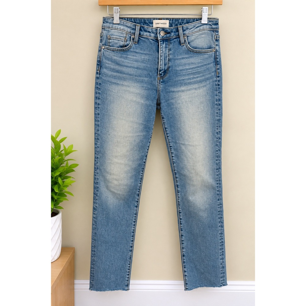Driftwood Audrey Straight Leg Jeans Blue Light Wash Raw Hem Size 28